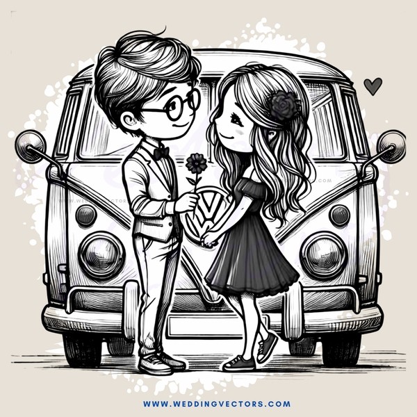 a boy and girl standing in front of a car holding flowers