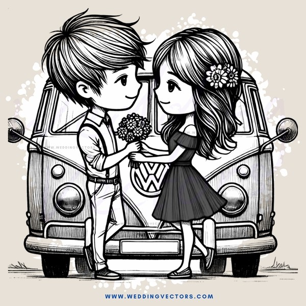 cartoon couple on vw bus