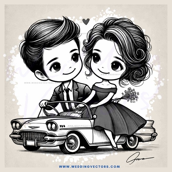 the cartoon depiction of a couple on a convertible with a flower in hand