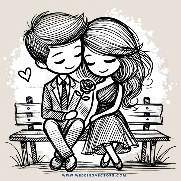 a couple sitting on a bench with hearts and flowers