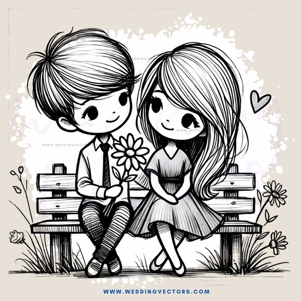 a boy and girl on a bench with flowers