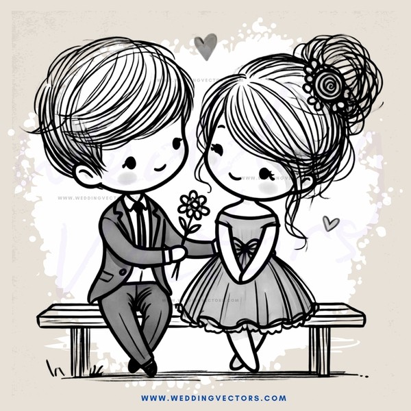 young couple on bench sitting holding flower