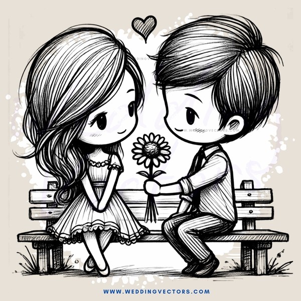 a boy and girl sitting on a bench holding a flower