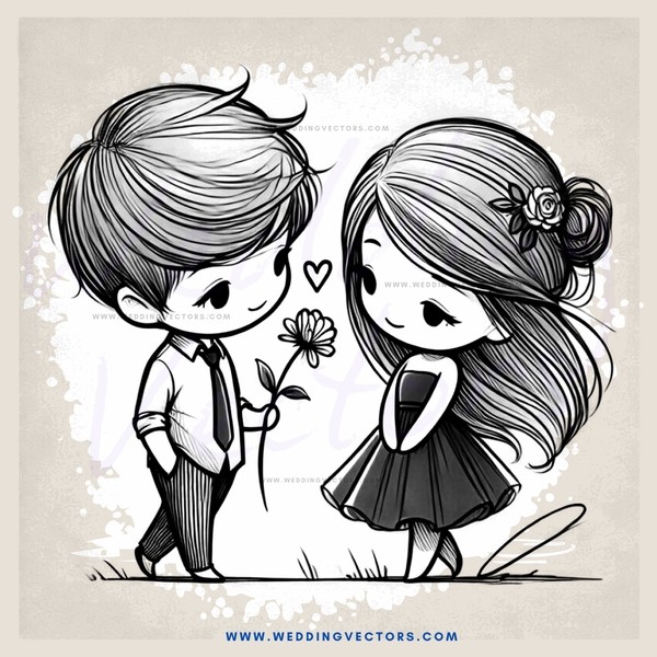 a boy and girl holding hands and flowers