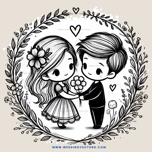 a couple holding flowers and hearts