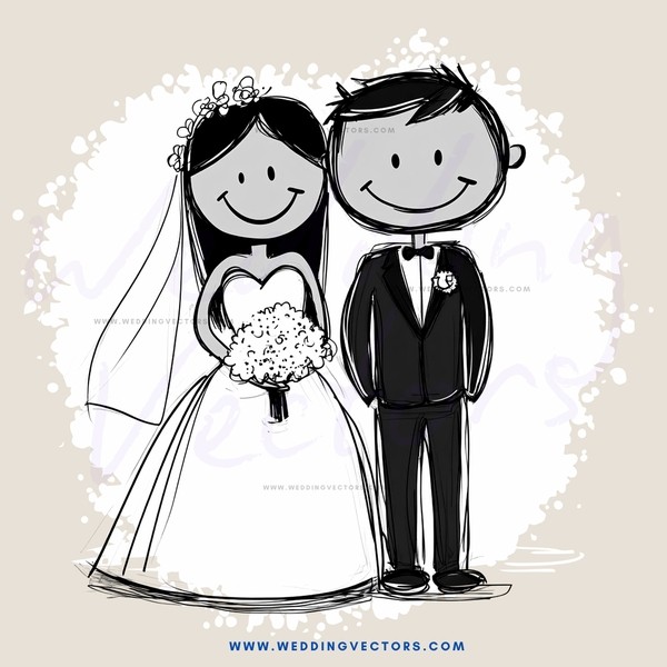 a bride and groom drawing in black and white