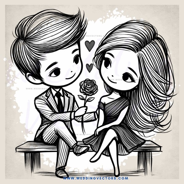 cartoon couple sitting on bench holding hands and roses
