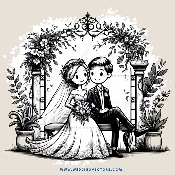 a wedding couple sitting on stone benches