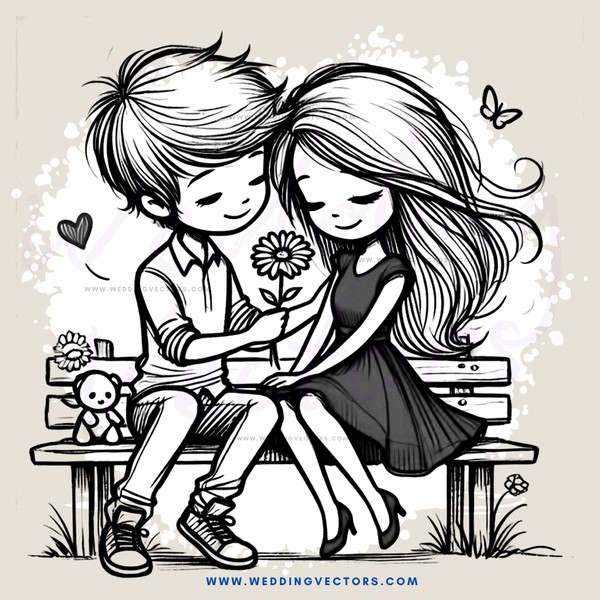 a couple sitting on a bench holding flowers and looking at each other