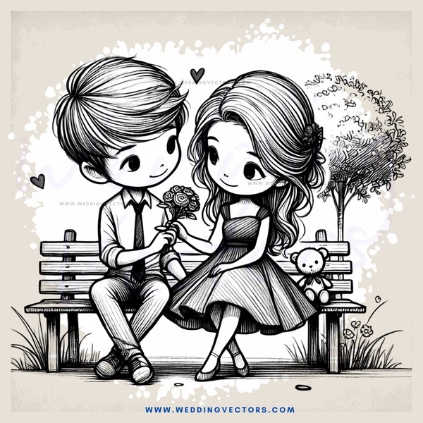 couple on bench with teddy bear and flowers
