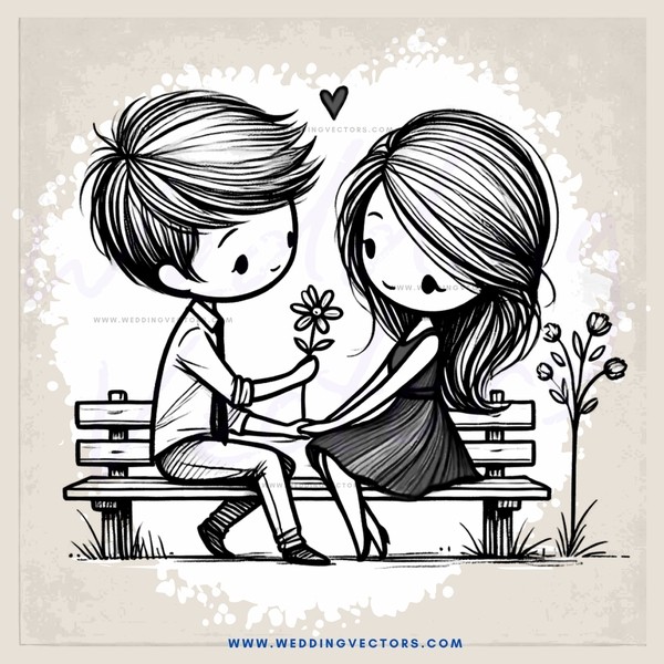 cartoon couple sitting on bench with flowers and daisy