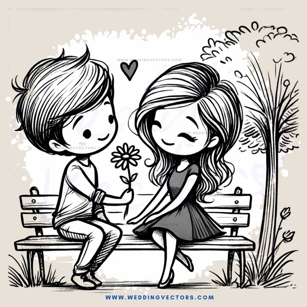 lovers on a bench with a flower