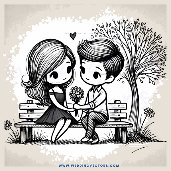 a boy and girl sitting on a bench holding flowers