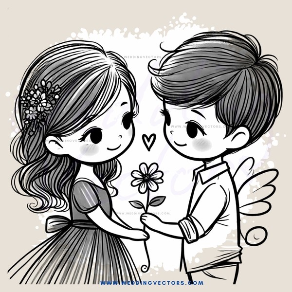 a boy and girl holding flowers and sharing an affectionate moment