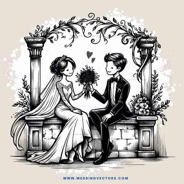couple sits on stone bench in wedding picture