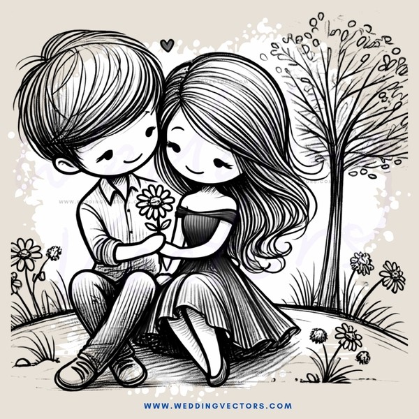 a couple sitting on the ground holding flowers