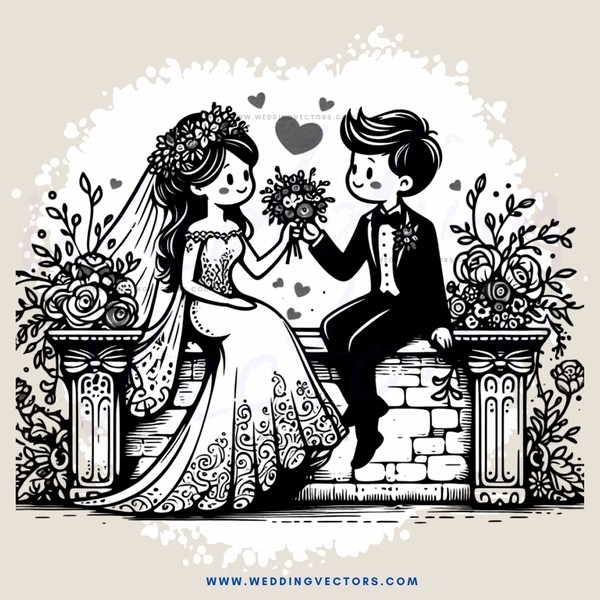 groom and bride sitting on bench