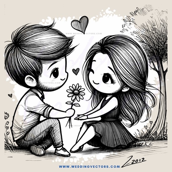 a boy and girl holding hands and a flower