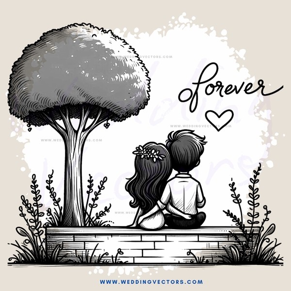 couple in front of tree with "forever" and heart drawn on top
