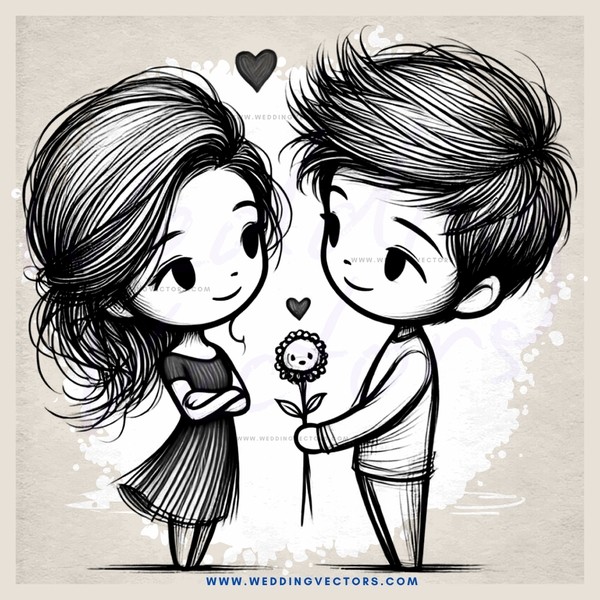 a couple exchanging flowers and hearts