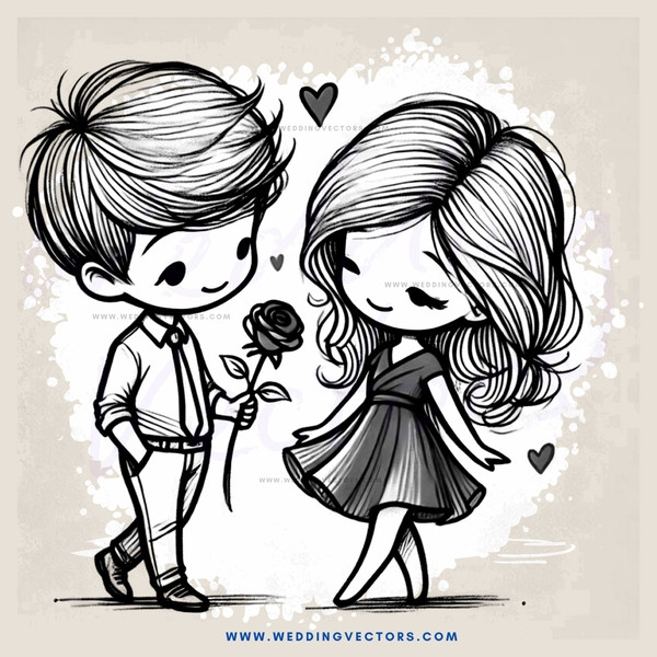 a couple holding hands and roses in black and white illustration