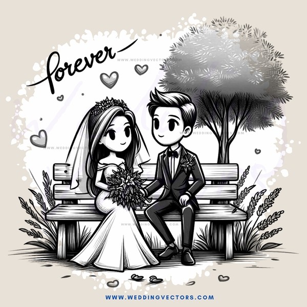 a couple sitting on a bench with "forever" written above them