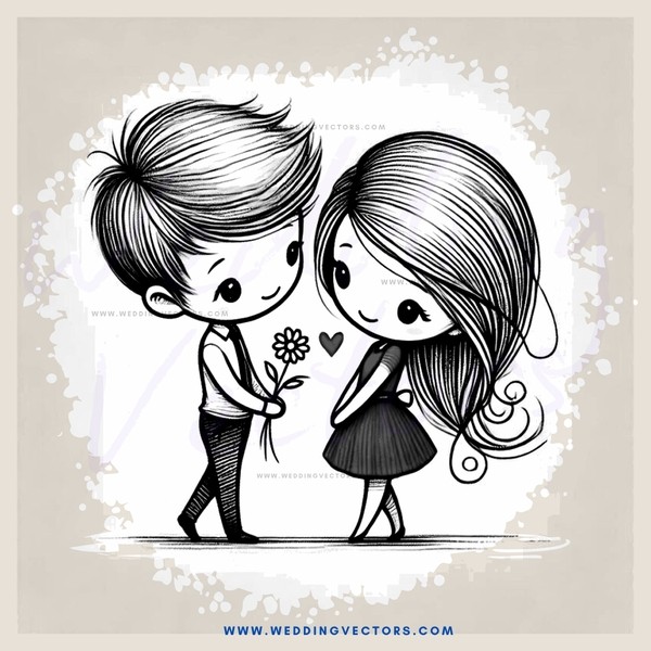 a boy and girl holding flowers and hearts