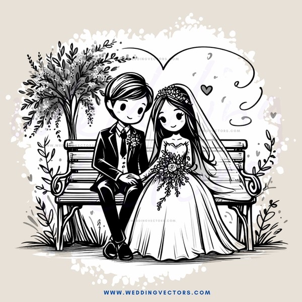 a bride and groom sitting on a park bench