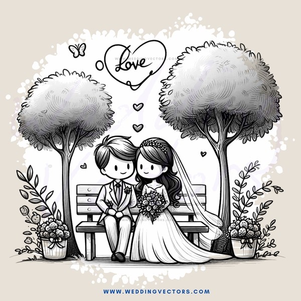 a couple sitting on a bench with trees and flowers