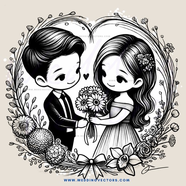 couple standing with flowers and butterflies
