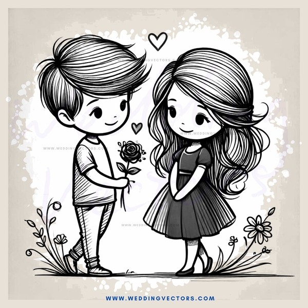 boy and girl with rose and daisy flowers