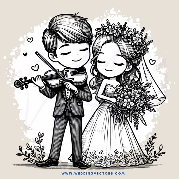 a bride and groom playing violins