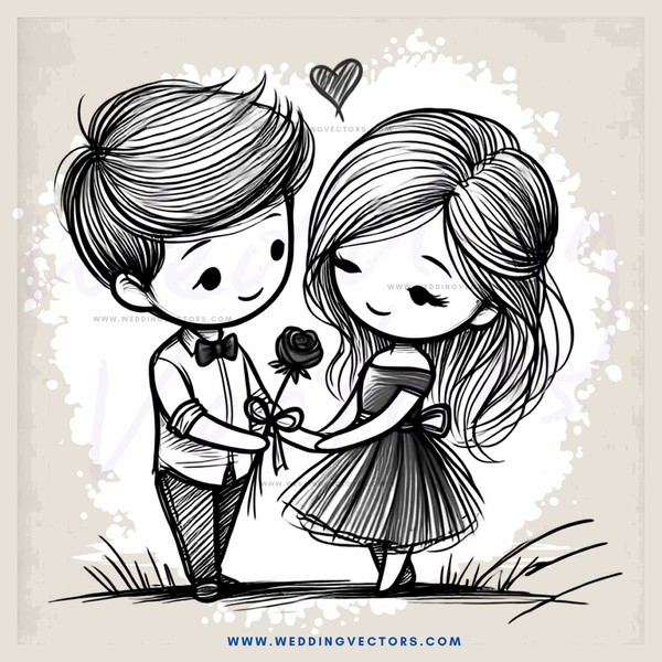boy and girl holding hands with rose and heart