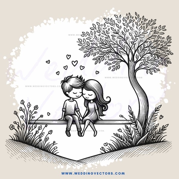 couple on bench under tree with love symbols and flowers