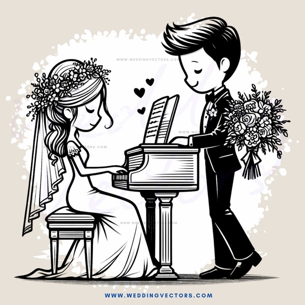 a young couple playing piano and celebrating their wedding