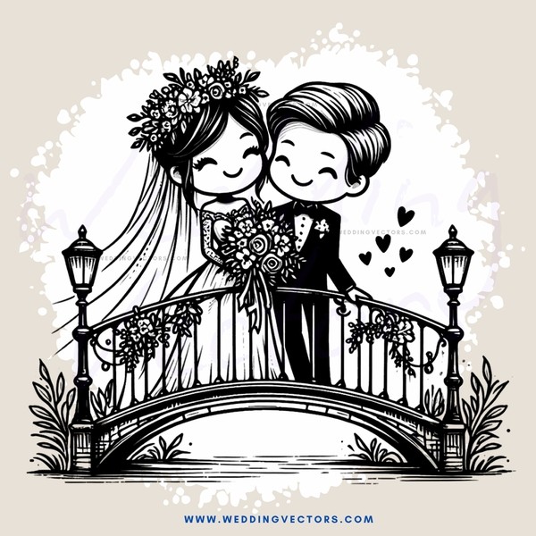 bride and groom on bridge with flowers