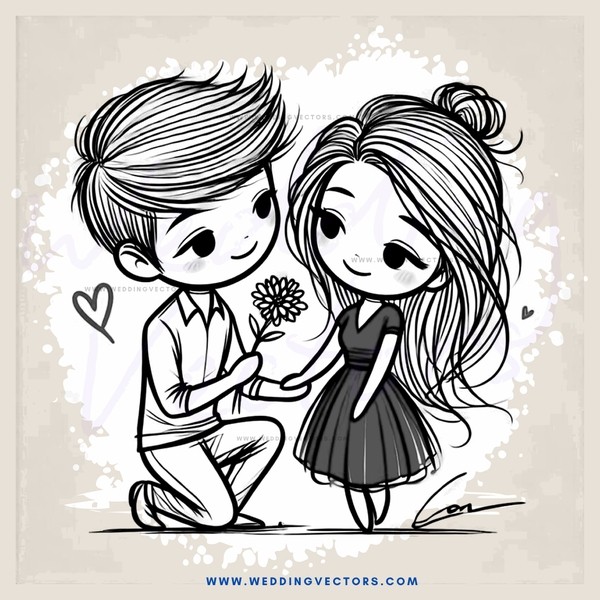 boy and girl holding flowers with hearts