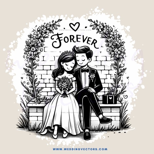 a man and woman sitting on a bench with the word forever in between them