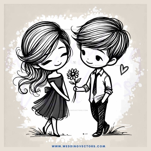 a young couple standing together with flowers