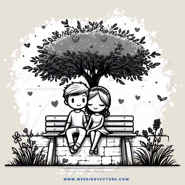 a couple sitting on a bench under a tree with hearts and butterflies