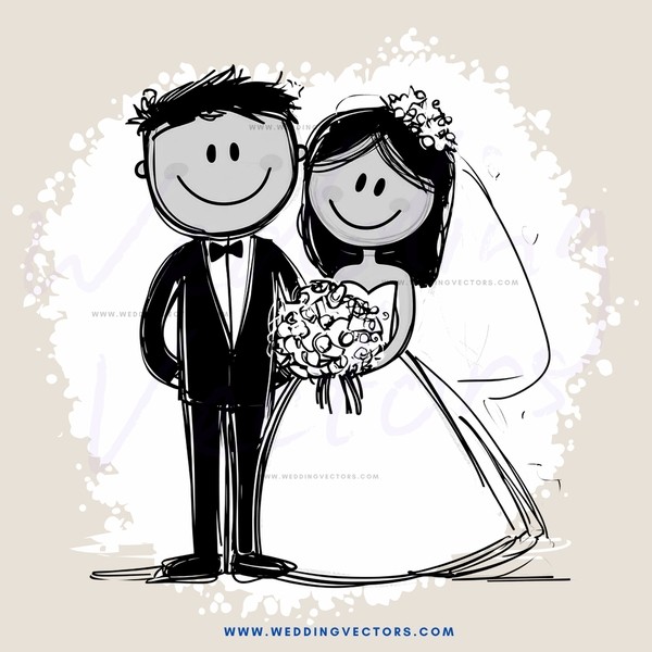 happy newlyweds smile and hold flower bouquet