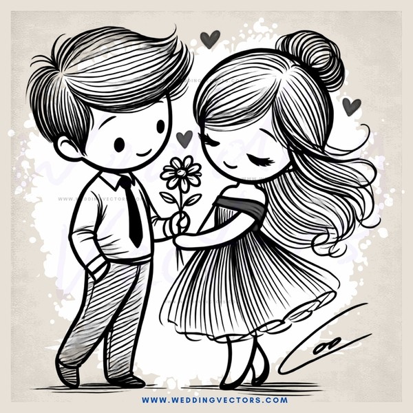 an elegantly dressed young man and woman holding flowers in their hands