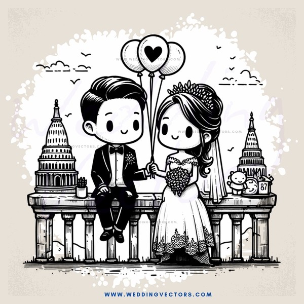 wedding couple posing for picture with floating heart balloon