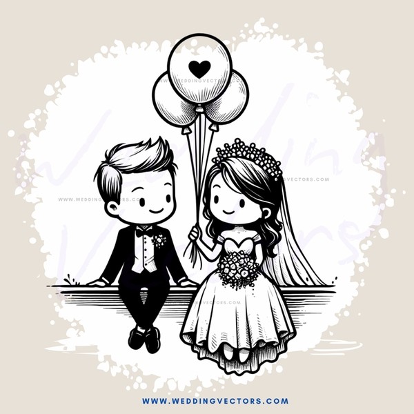 a bride and groom with balloons in their hands