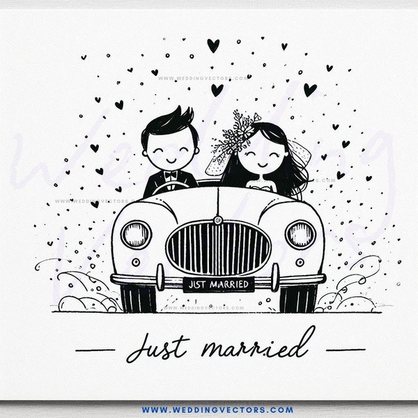 just married caricature in black and white
