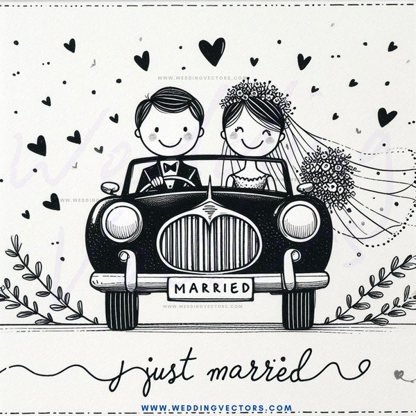 just married couple in black and white cartoon car