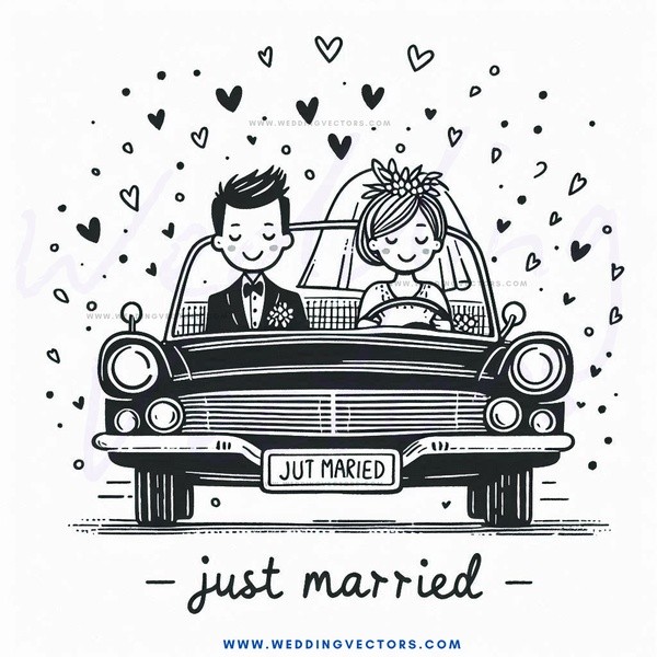 a cartoon drawing of bride and groom driving in their limo