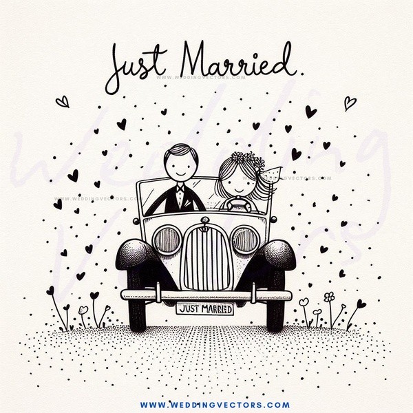 just married caricature on postcard.
