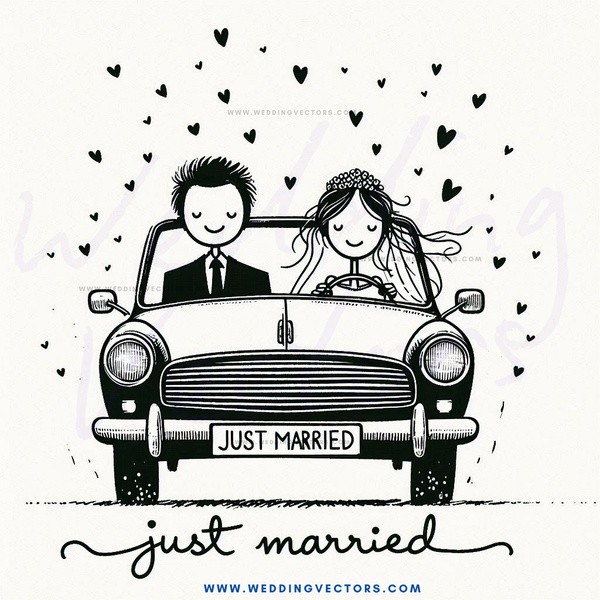 a car with a bride and groom inside of it.
