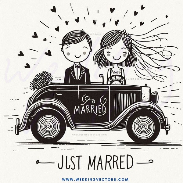 a boy and girl ride in a car with "just married" written on it.